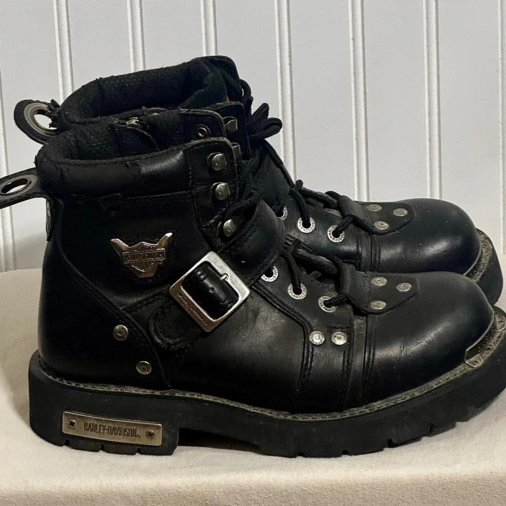 Harley Davidson Mens 8.5 Moto Biker Boots Black Leather Chunky Y2K Grunge